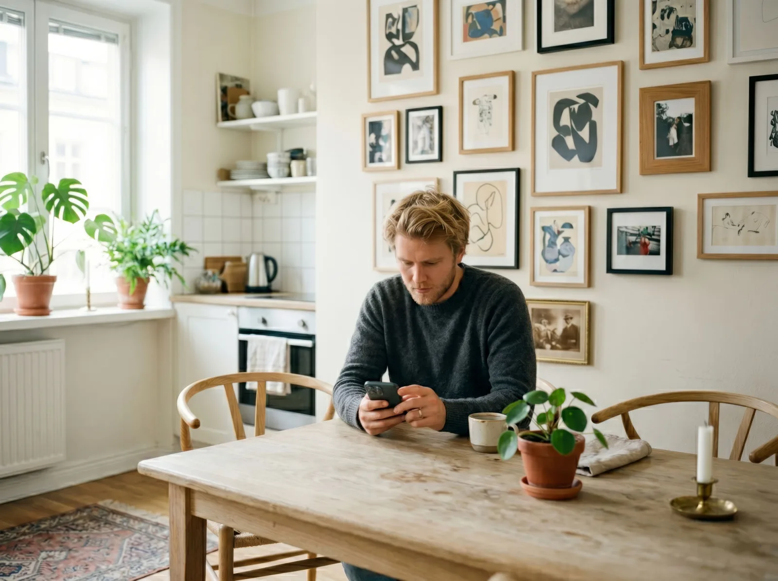 A buyer at the kitchen table checking the numbers on their phone