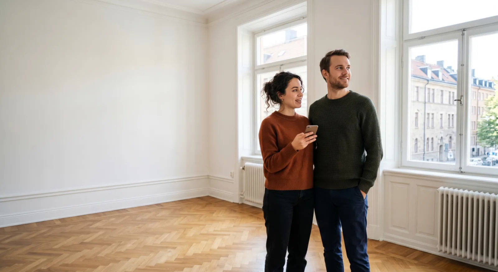 A couple at a viewing, looking at a listing on their phone in an empty apartment